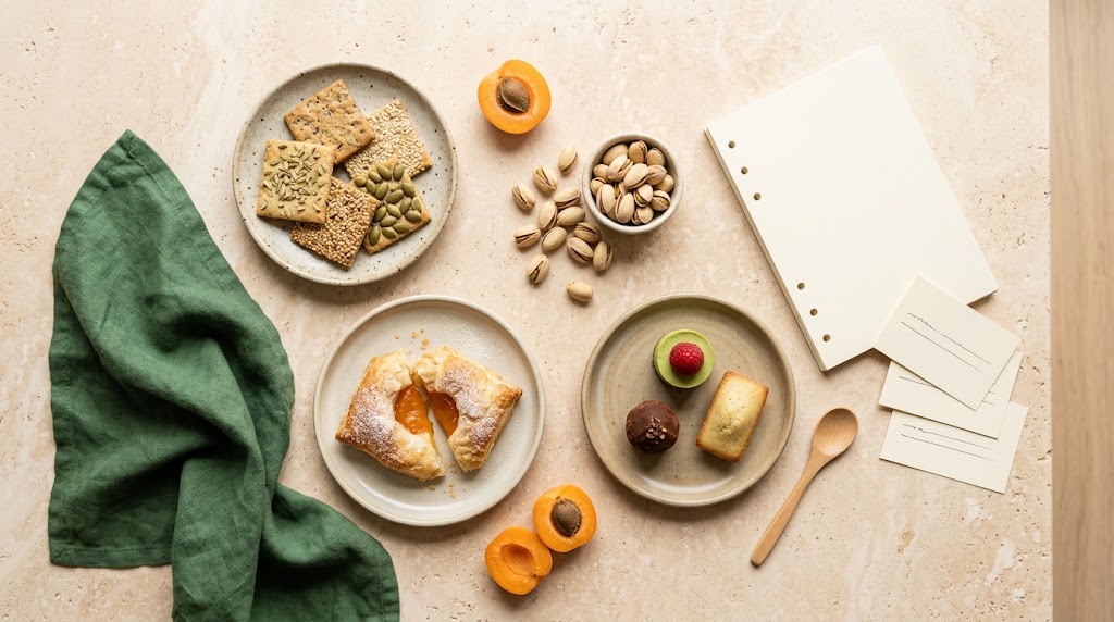 A tasting table of crackers, apricot pastry, and dessert samples