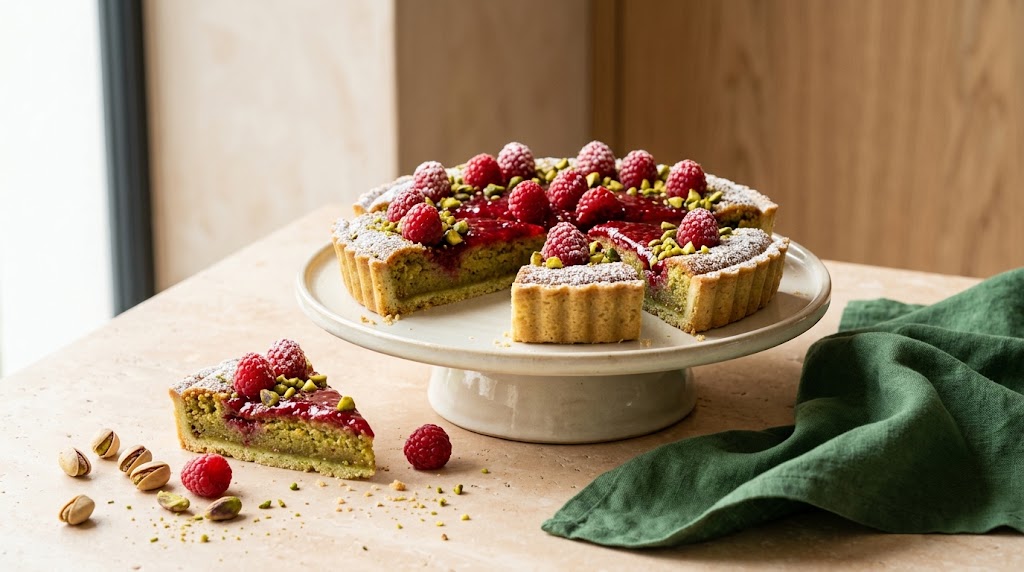 Pistachio and raspberry tart with a fresh slice on a ceramic stand