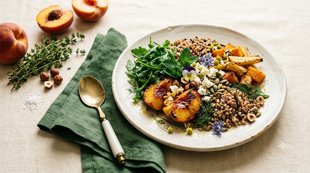 Roasted vegetables, grains, and herbs in a meal bowl