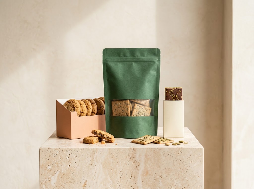 Unbranded crackers, cookies, and chocolate snack packaging