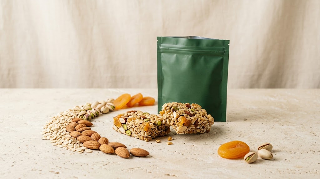 An oat and apricot snack bar with its ingredients