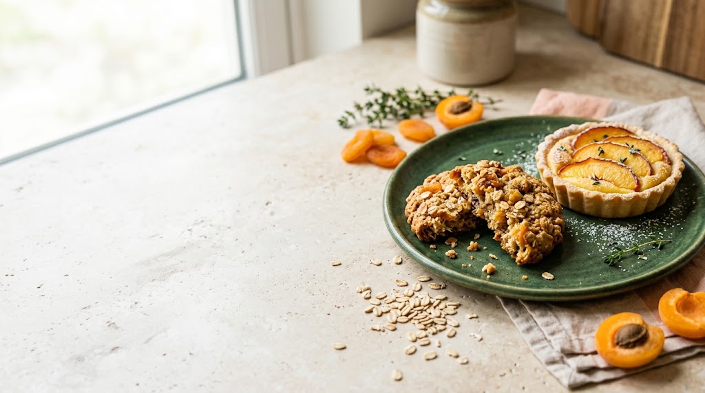 Oat cookies and a peach tart on a green ceramic plate