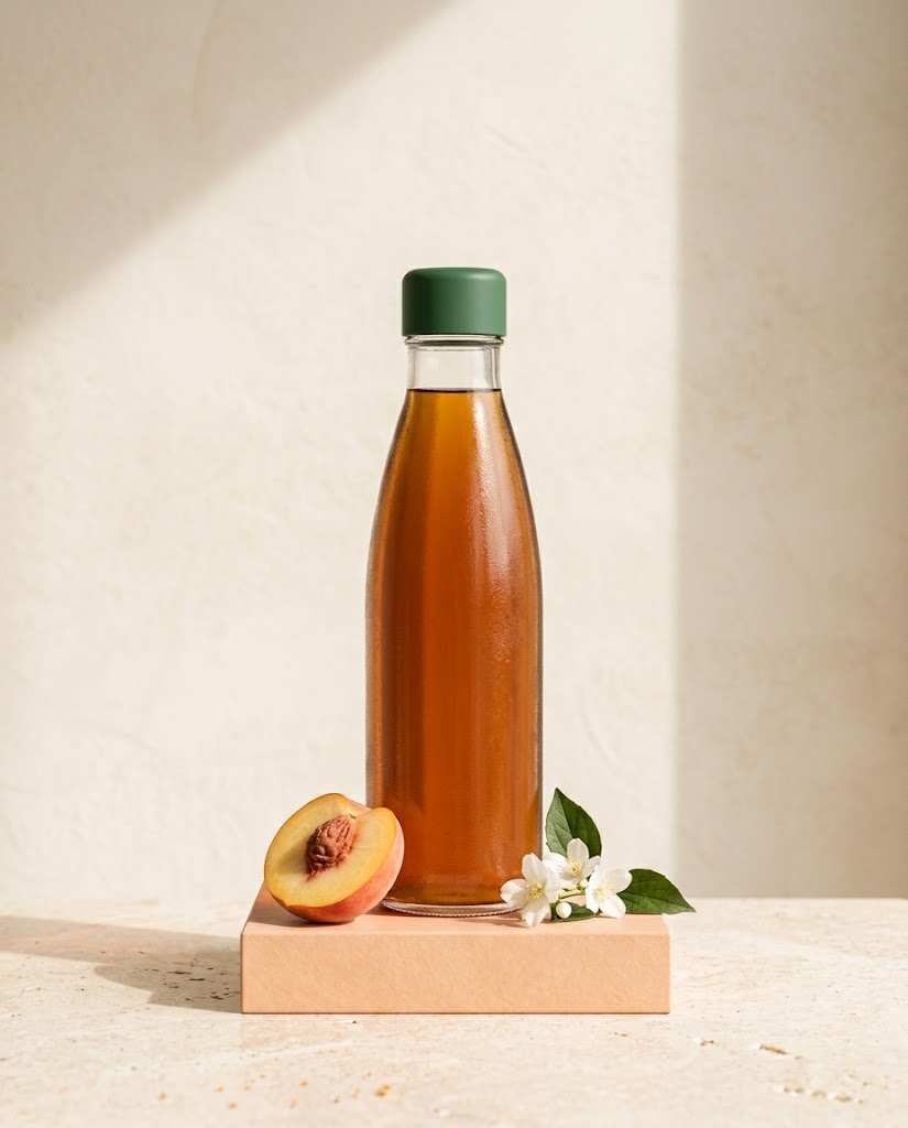 An illustrative bottle of jasmine tea with peach and jasmine flowers